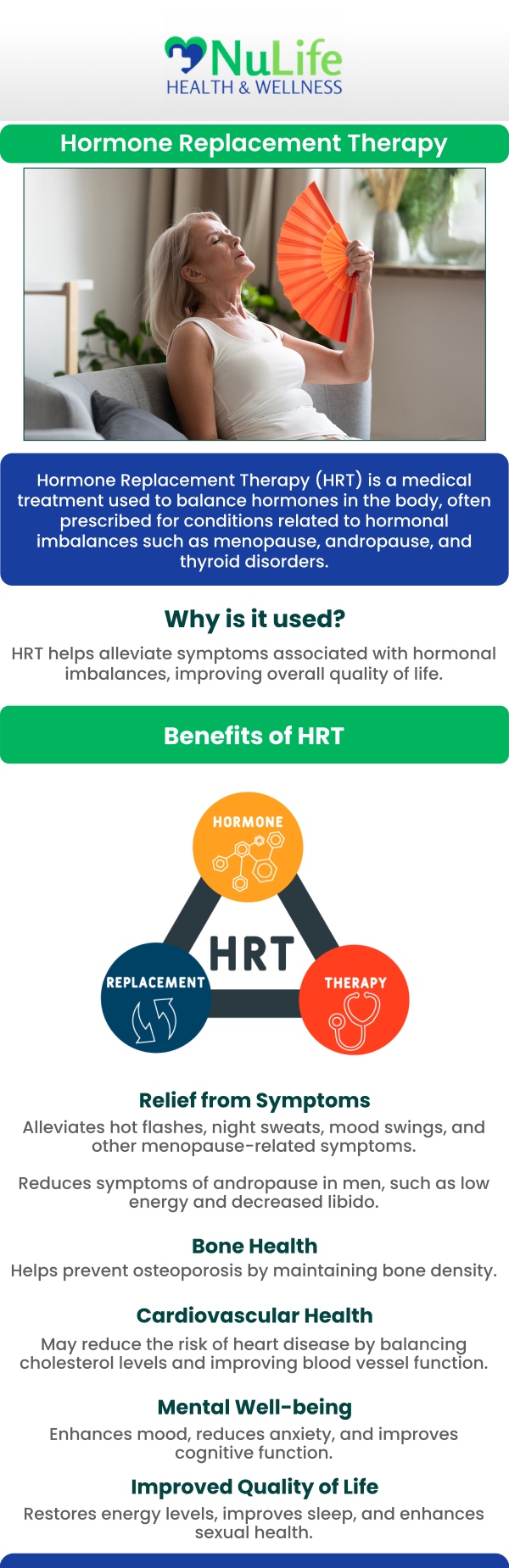 Hormone Replacement Therapy (HRT) helps restore hormone balance, alleviating symptoms of menopause, improving mood, boosting energy, and enhancing overall quality of life. At Nulife Health & Wellness, Dr. Danielle Rischling offers personalized HRT treatments tailored to your specific needs, aiming to optimize health and well-being at every stage of life. For more information, contact us or book an appointment online. We are conveniently located at 302 N 168th St. Unit 208 Omaha NE, 68118.